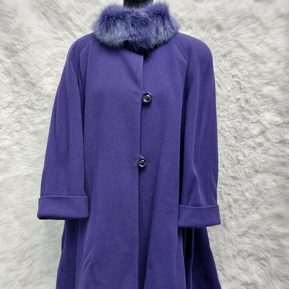 VTG Anna Collection Coat Women's Purple Australia Lamwool Blend Fox Fur Collar L - Picture 1 of 12